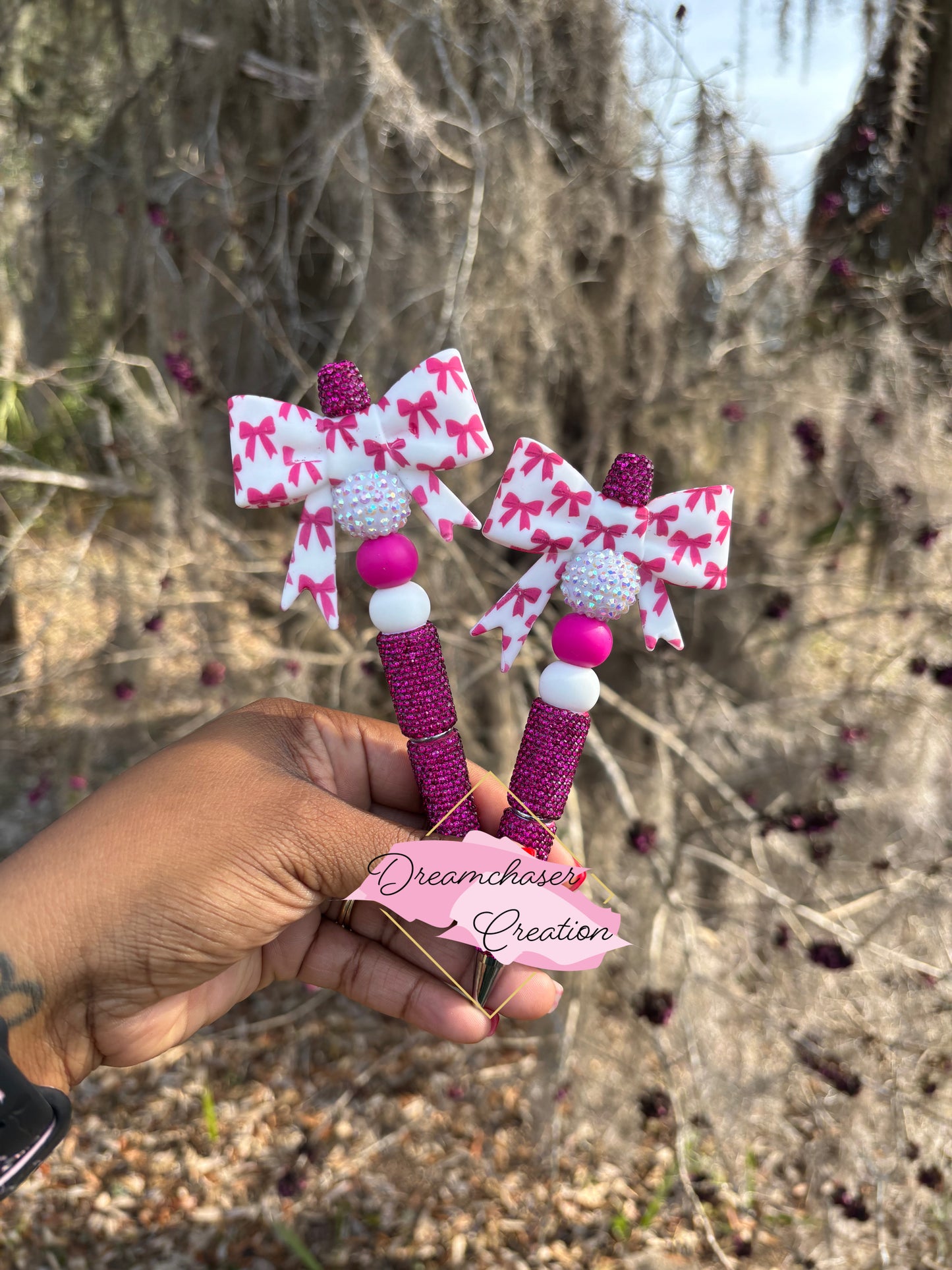 Pink and White Bow Rhinestone Pen